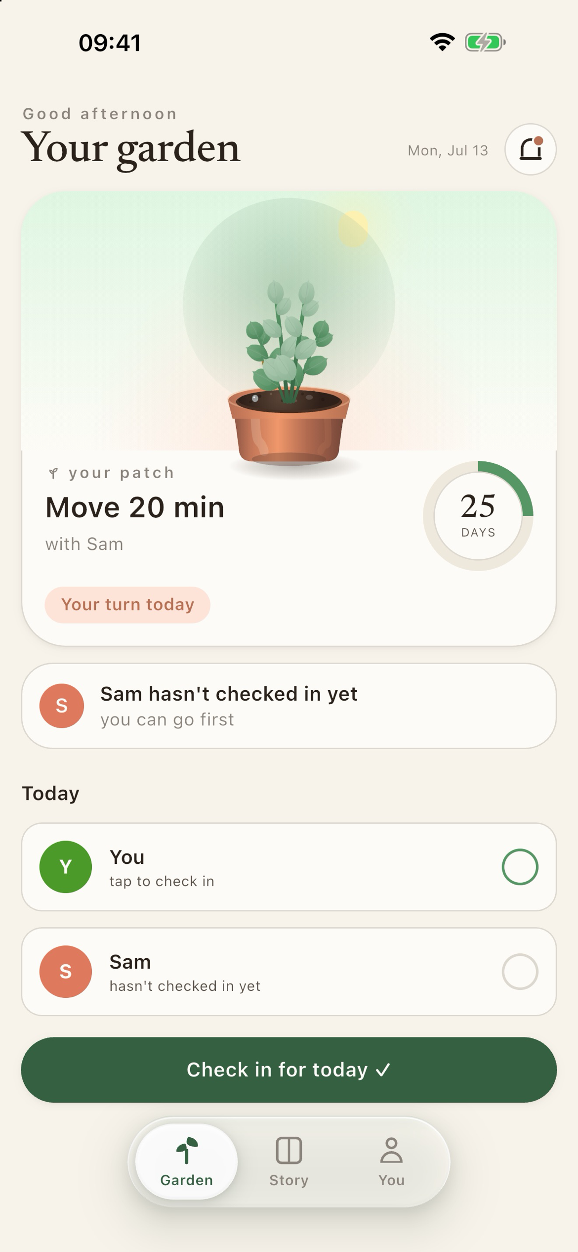 The Garden screen in Trellis, showing a shared plant, streak ring, and both partners' check-ins