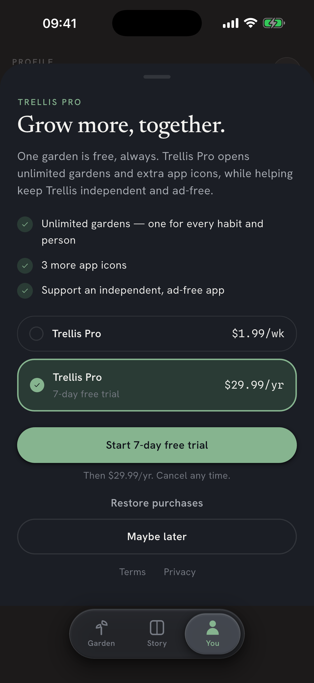 The Trellis Pro screen showing weekly and annual plans