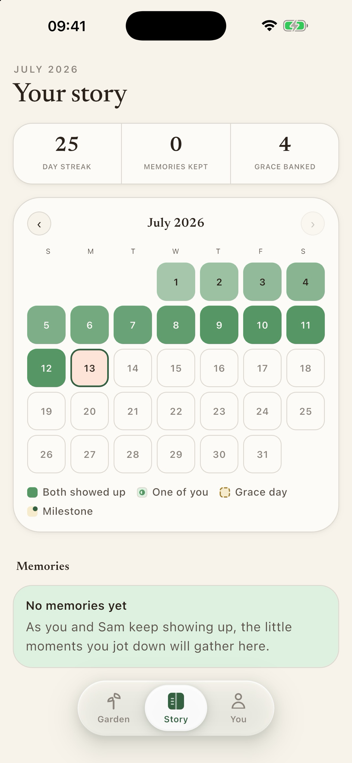 The Story screen in Trellis, a calendar of a pair's check-ins and shared memories