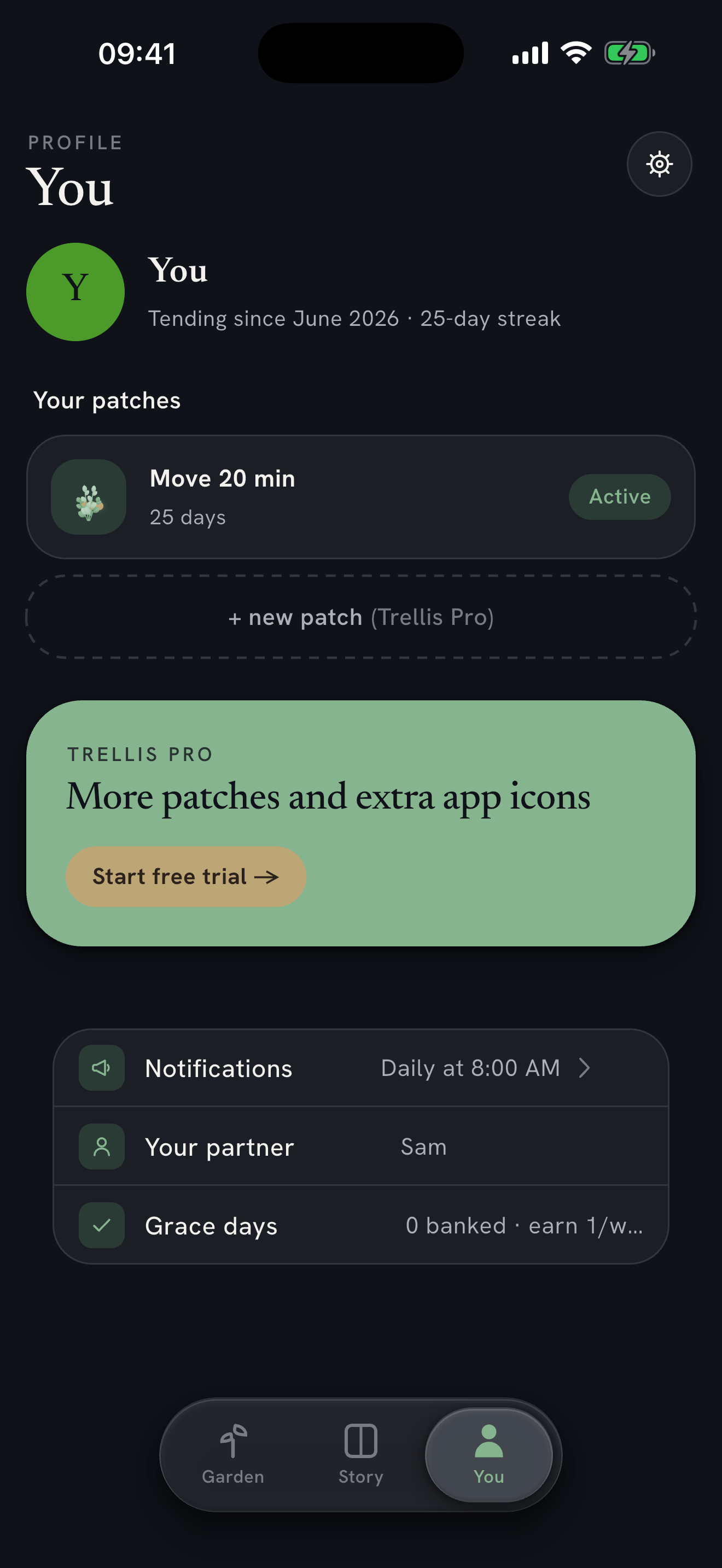 The You screen in Trellis showing pair details, grace days, and settings